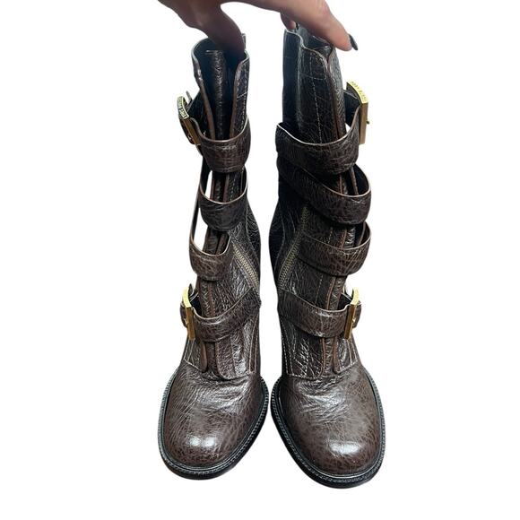 Tory Burch Women's 9.5M Brown Leather Jaden Buckle Textured Heel Boots EUC - Picture 2 of 6